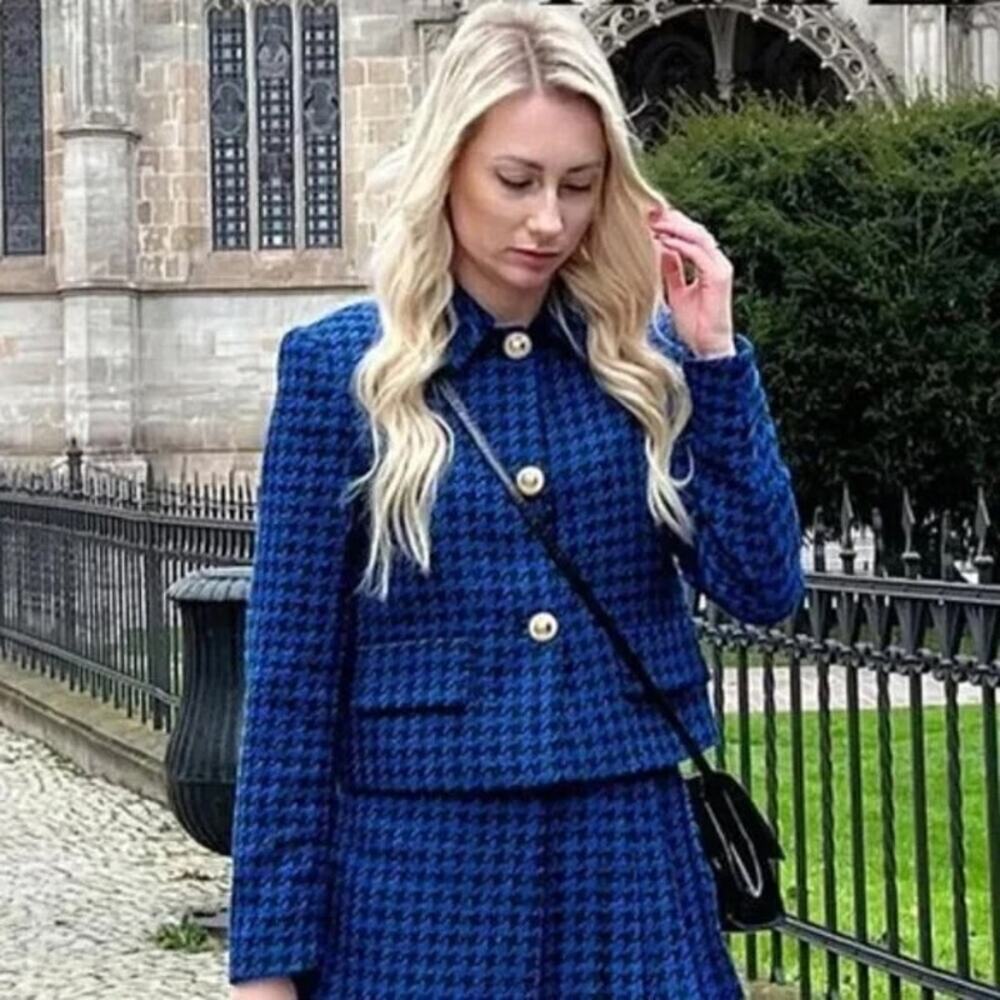 NEW Zara Blogger Fave Royal Blue Tweed Houndstooth Crop Blazer Gold ButtonsSmall